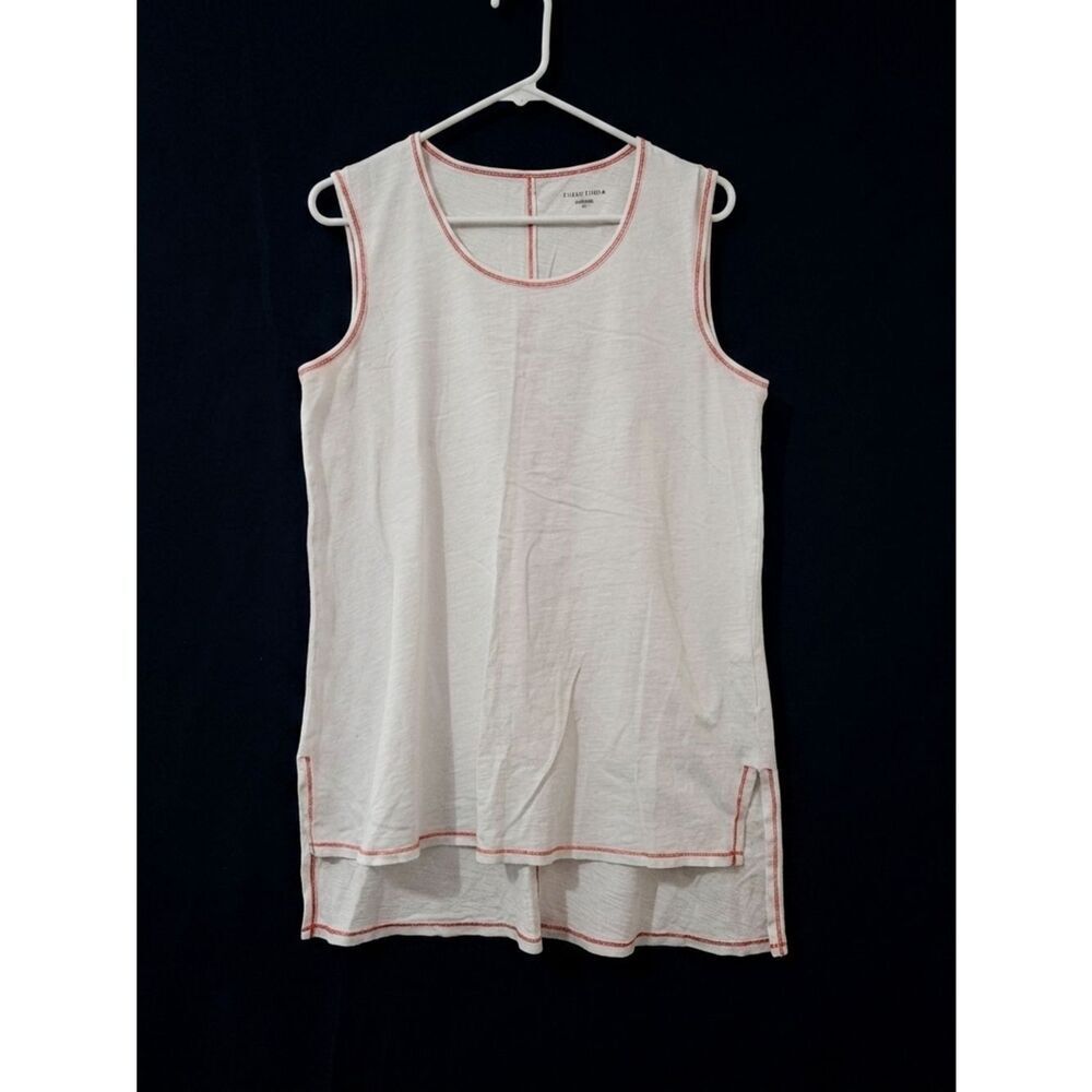 Eileen Fisher White 100% Organic Cotton High-Low Top w/ Red Contrast Stitching